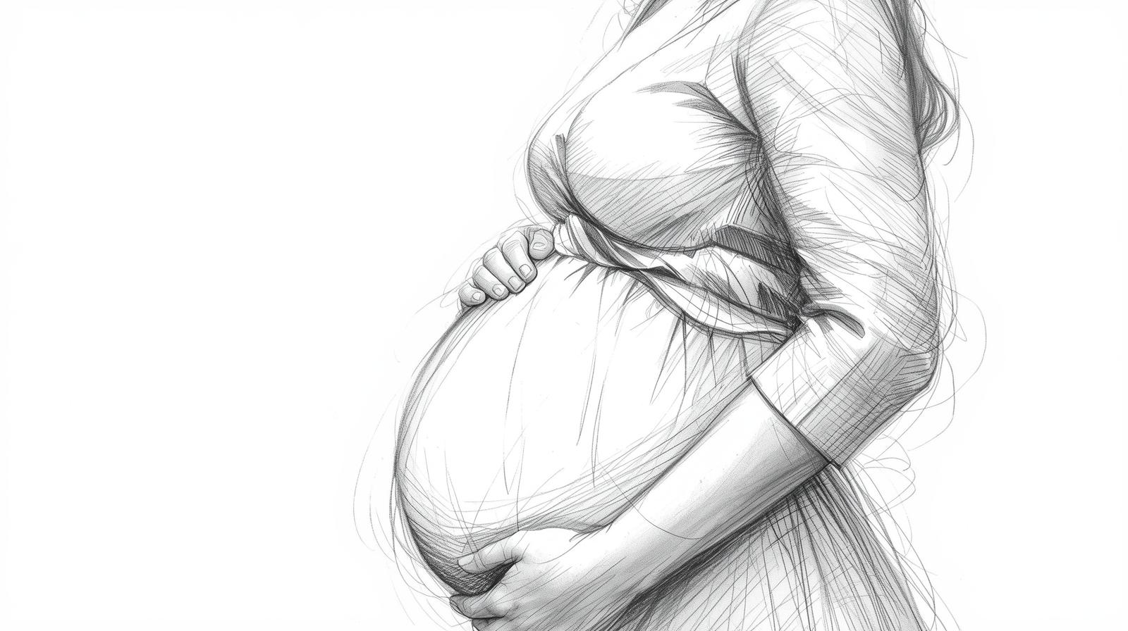 Black and white pencil sketch of a pregnant woman